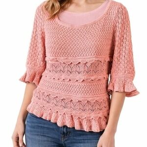 Pink Twee Lightweight Crochet Ruffle Square Neck Puff Sleeve 100% Cotton Sweater